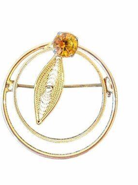 Vintage Gold Double Circle Brooch Leaf Filigree Design Amber Rhinestone 1.25in